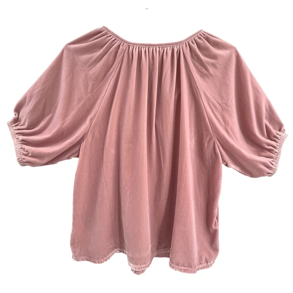 Old Navy Velvet Top M‎ Puff Sleeve Pink Split Neck Blouse Bridgerton